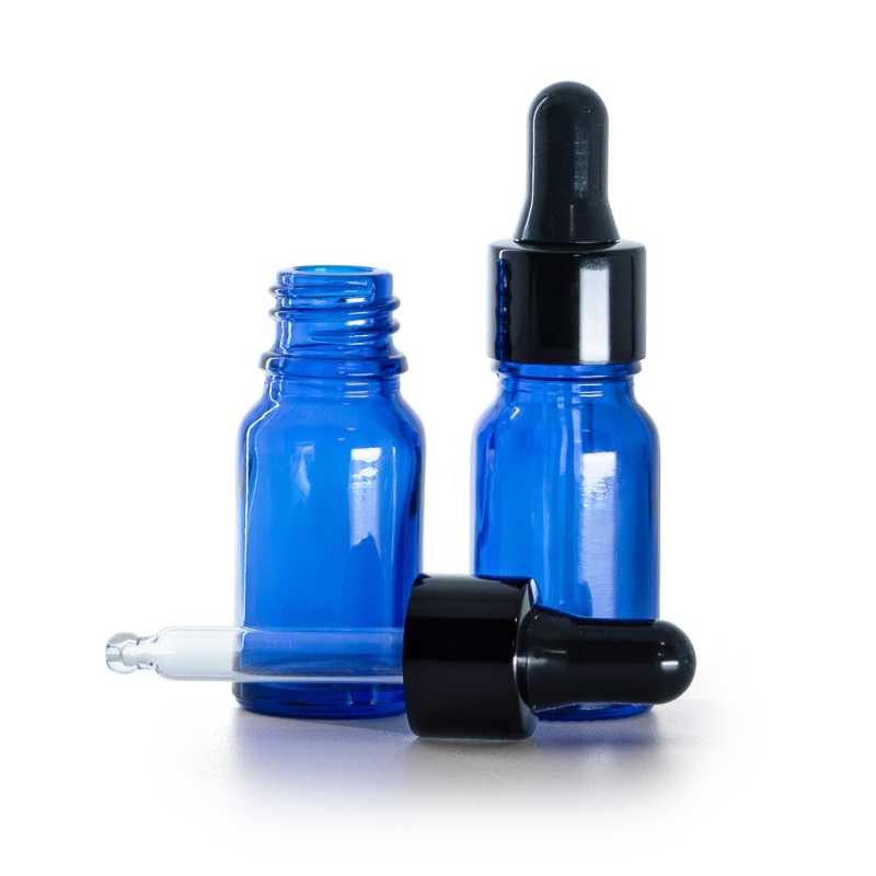 Flacone in vetro, blu, contagocce nero lucido, 10 ml