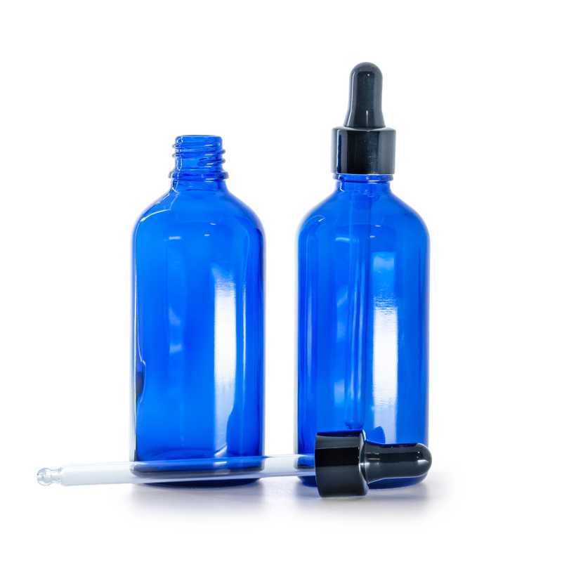 Flacone in vetro, blu, contagocce nero lucido, 100 ml