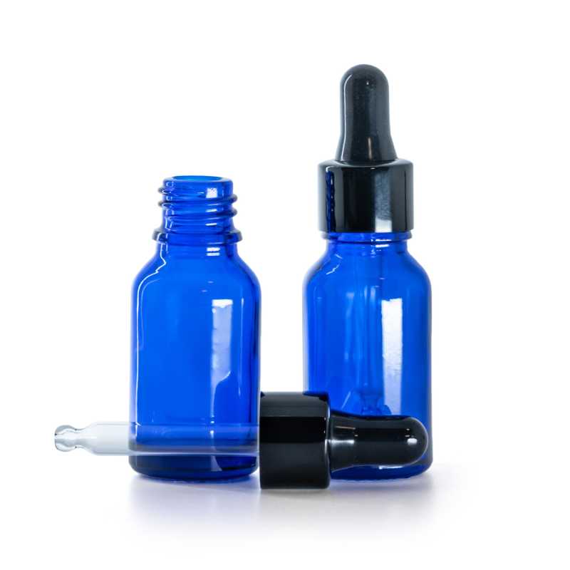 Bottiglia in vetro, blu, contagocce nero lucido, 15 ml