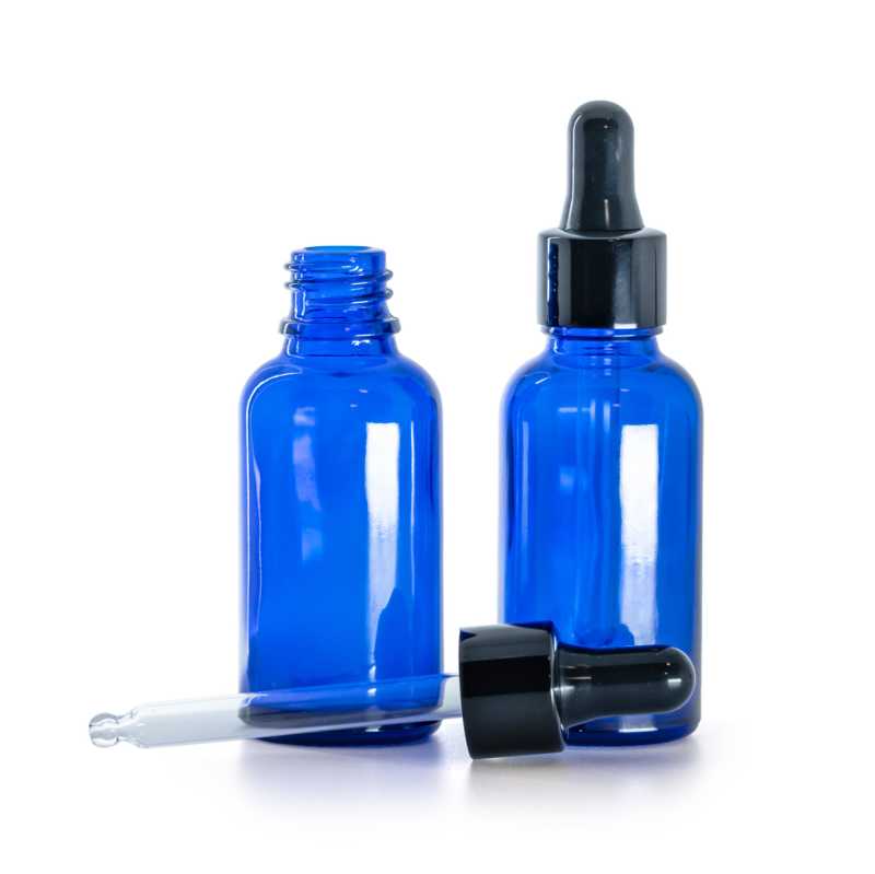 Flacone in vetro, blu, contagocce nero lucido, 30 ml