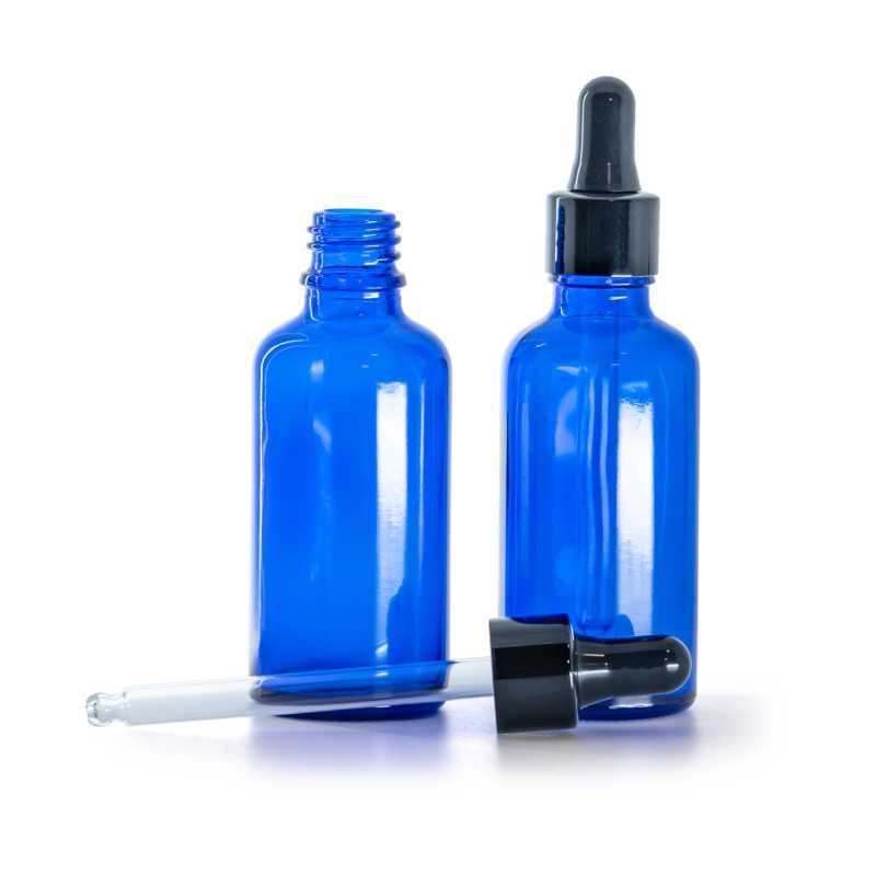 Bottiglia in vetro, blu, contagocce nero lucido, 50 ml