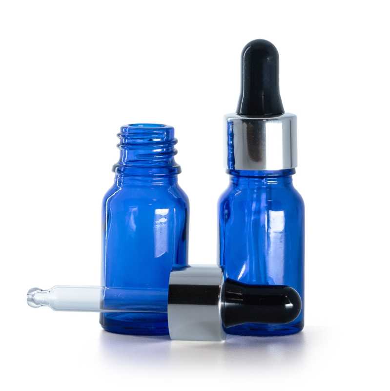 Flacone in vetro, blu, contagocce nero-argento, 10 ml
