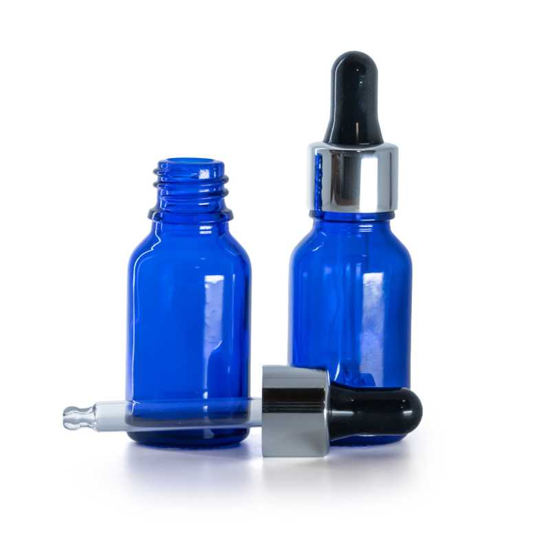 Flacone in vetro, blu, contagocce nero argento lucido, 15 ml