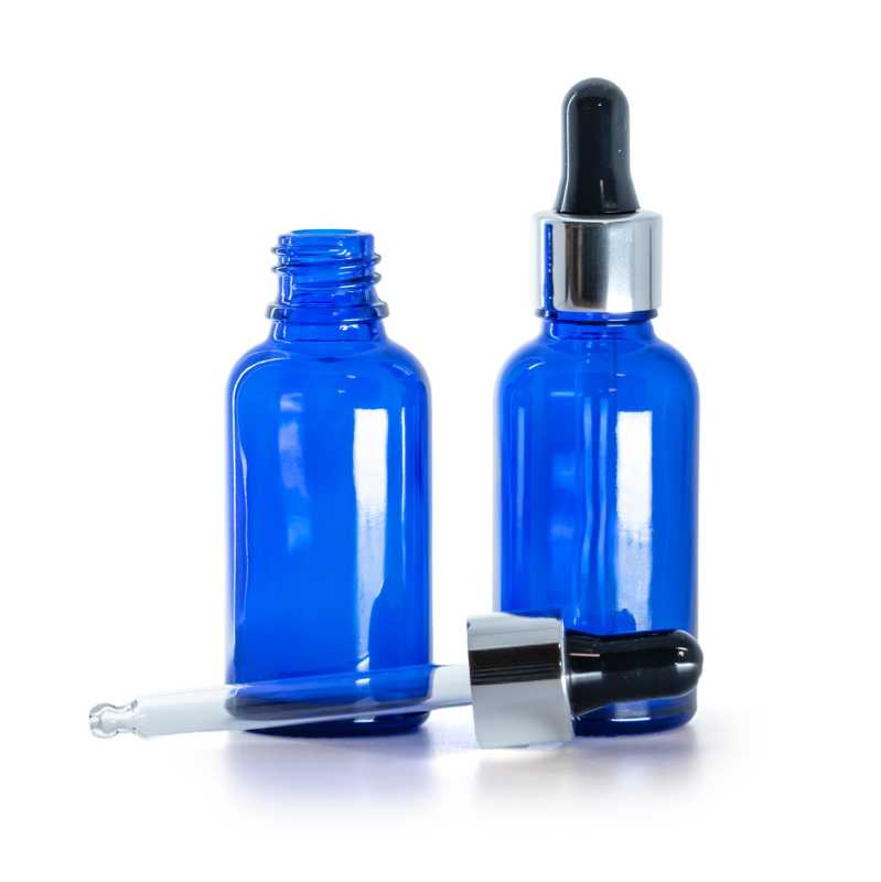 Flacone in vetro, blu, contagocce nero argento lucido, 30 ml