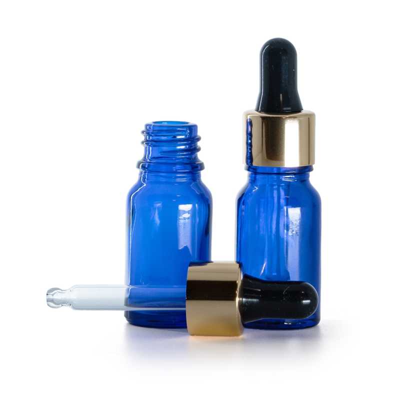 Bottiglia in vetro, blu, contagocce nero e oro, 10 ml