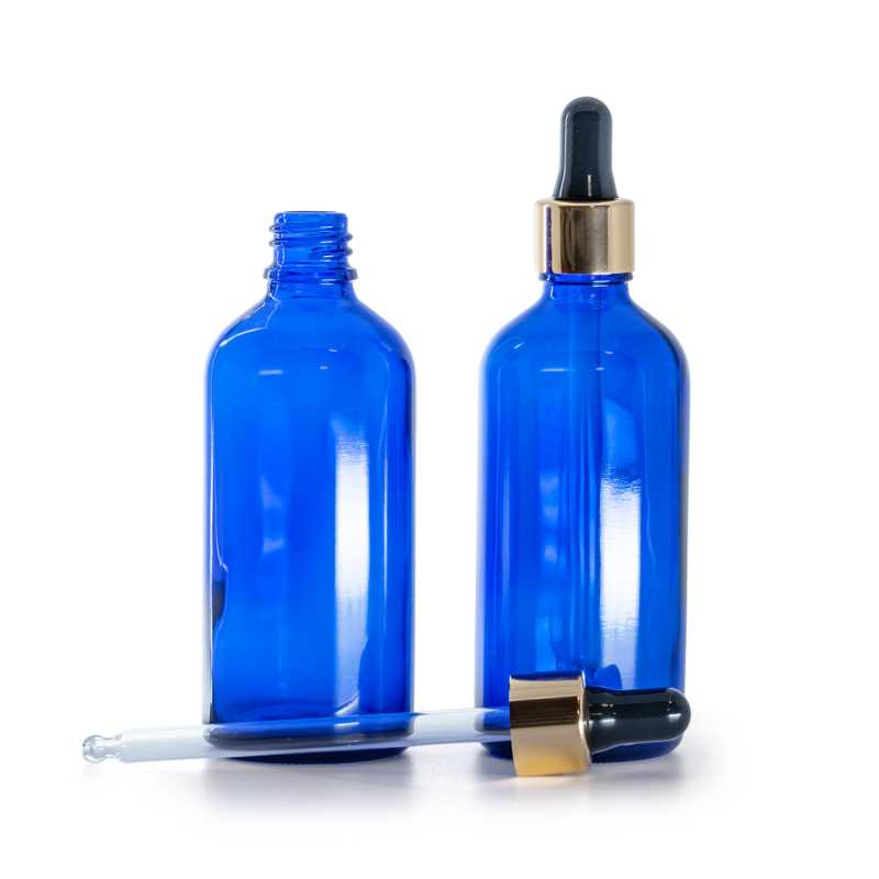 Bottiglia in vetro, blu, contagocce nero e oro, 100 ml