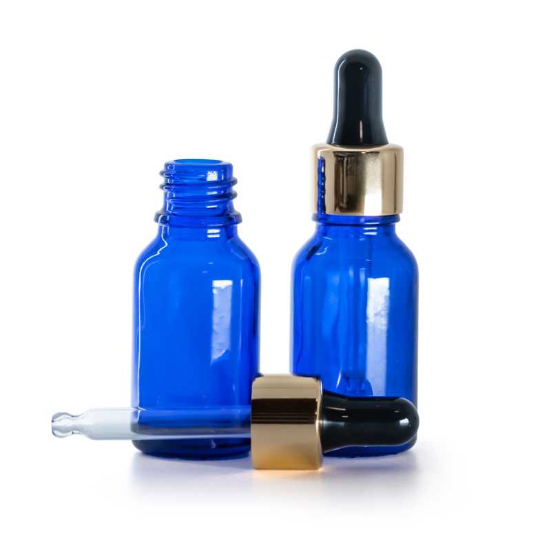 Flacone in vetro, blu, contagocce nero oro, 15 ml