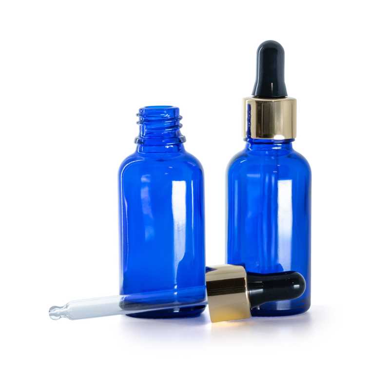 Bottiglia in vetro, blu, contagocce nero oro, 30 ml