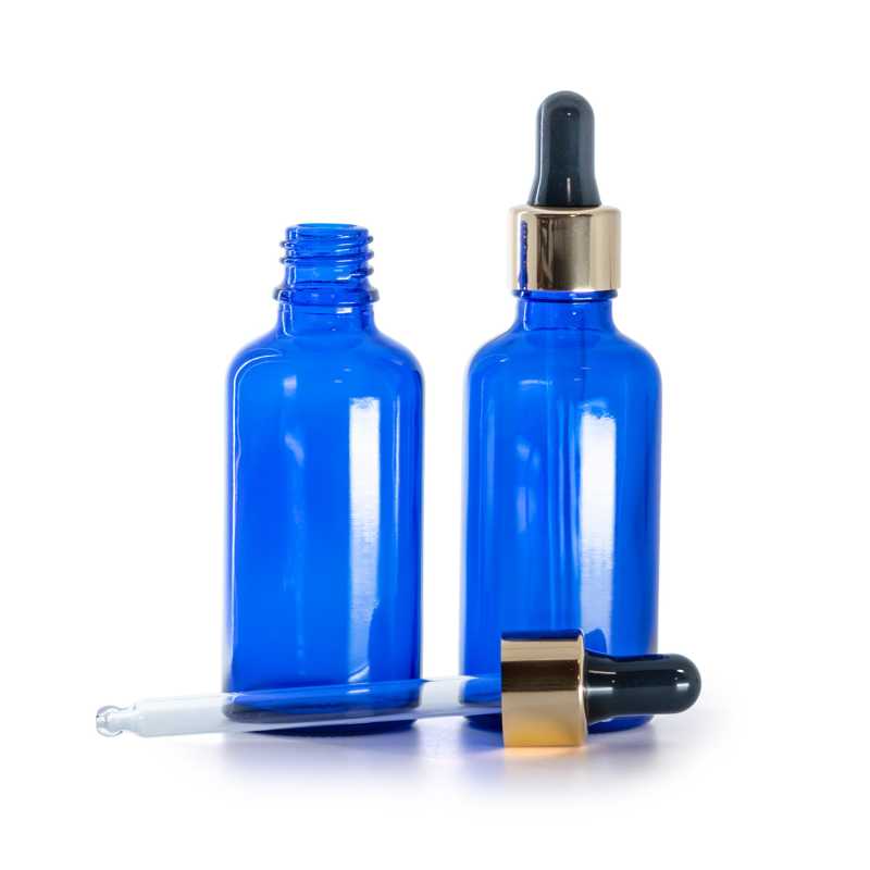 Flacone in vetro, blu, contagocce nero e oro, 50 ml