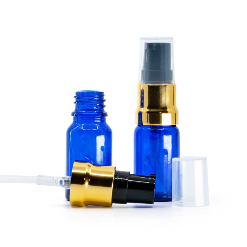 Flacone in vetro, blu, dosatore nero oro lucido con sovratappo trasparente, 10 ml