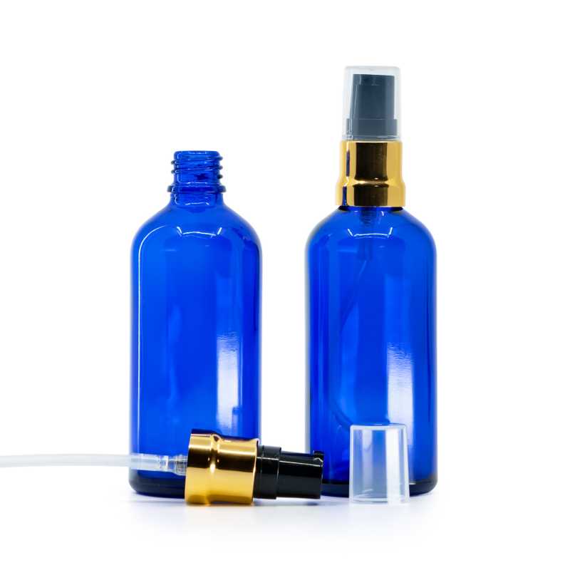 Flacone in vetro blu, dispenser nero oro lucido con sovratappo trasparente, 100 ml