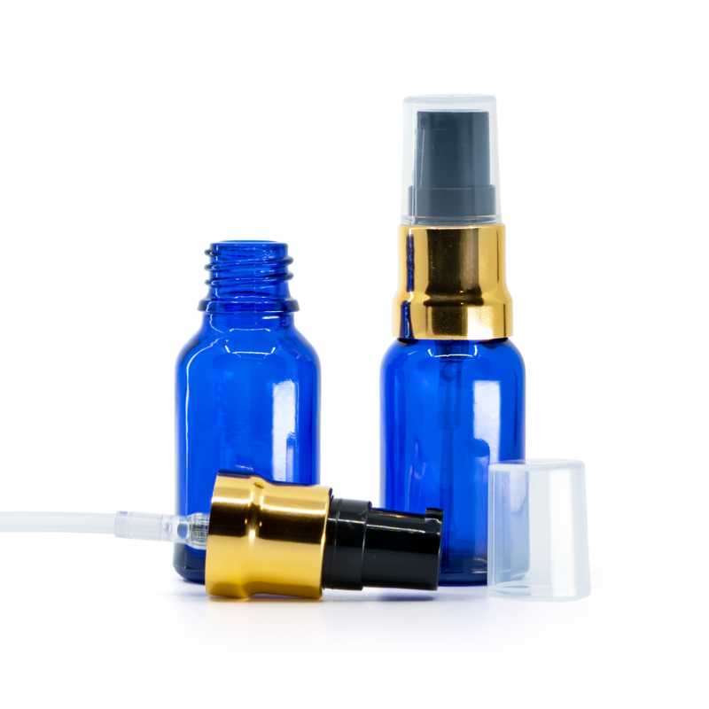 Flacone in vetro, blu, dosatore nero e oro lucido con cappuccio trasparente, 15 ml