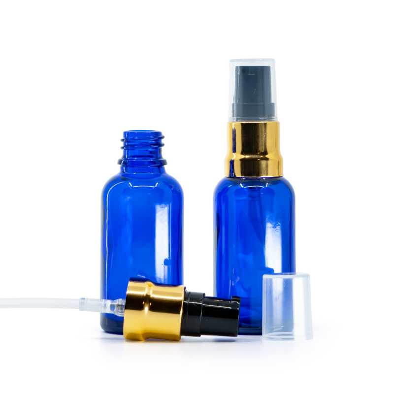 Flacone in vetro, blu, dosatore nero e oro lucido con cappuccio trasparente, 30 ml