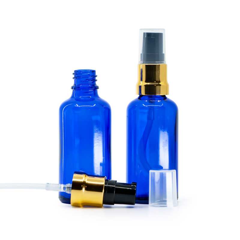 Flacone in vetro blu, dosatore nero oro lucido con cappuccio trasparente, 50 ml