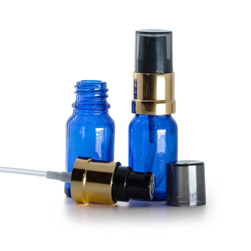 Flacone di vetro blu, dosatore nero-oro lucido con sopra-tappo fumé, 10 ml