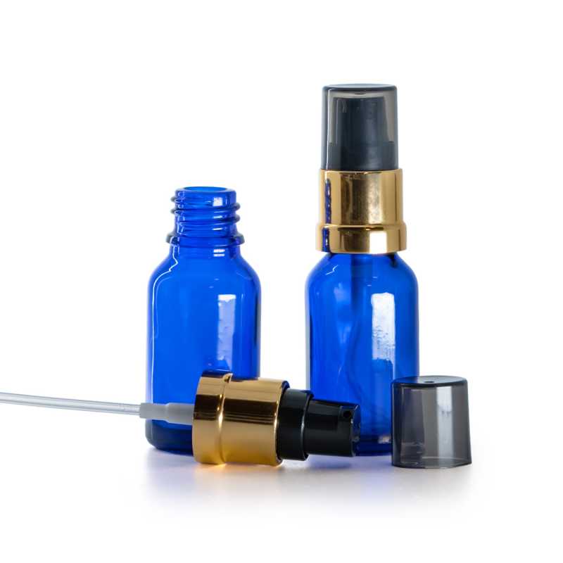 Flacone di vetro blu, dosatore nero e dorato lucido con sopra-tappo fumé, 15 ml