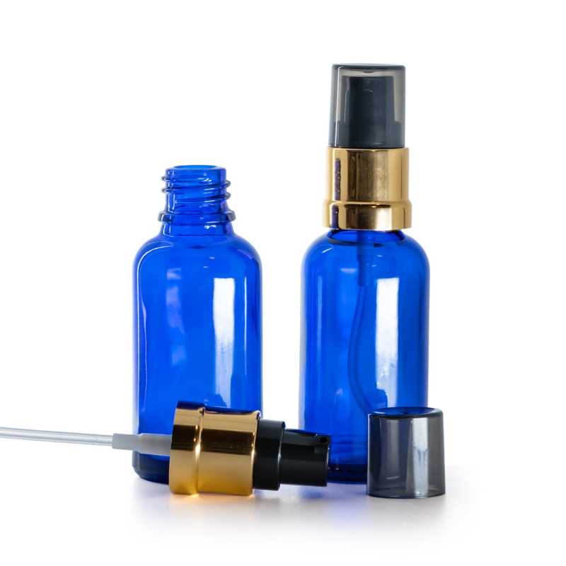 Flacone di vetro blu, pompa nero-oro lucida con sopra-tappo fumé, 30 ml