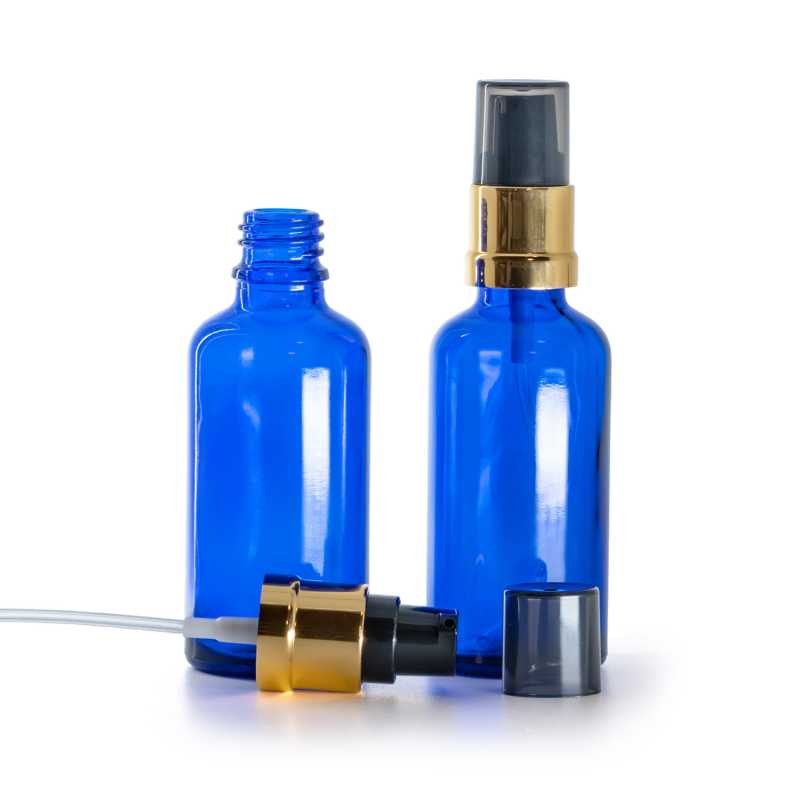 Flaconcino di vetro blu, pompa lucida nero e dorato con sopra-tappo fumé, 50 ml