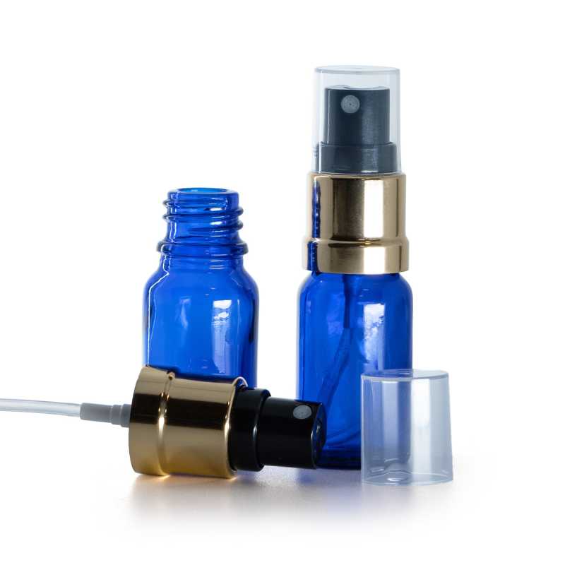 Bottiglia in vetro, blu, spruzzatore nero oro lucido, 10 ml