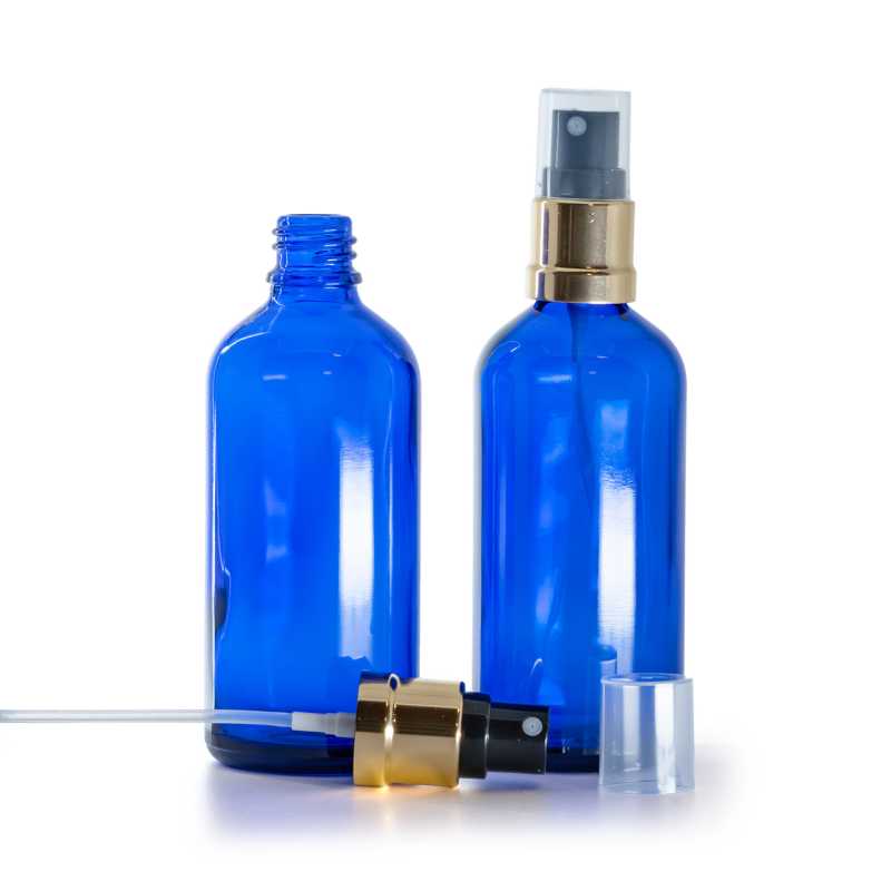 Flacone in vetro, blu, spruzzatore nero oro lucido, 100 ml