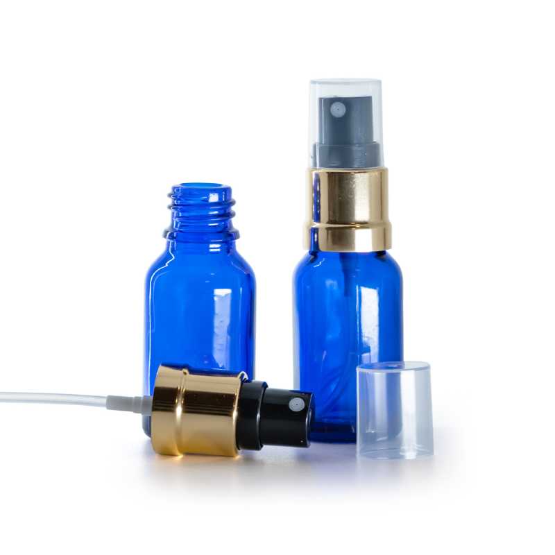 Flacone in vetro, blu, spruzzatore nero oro lucido, 15 ml