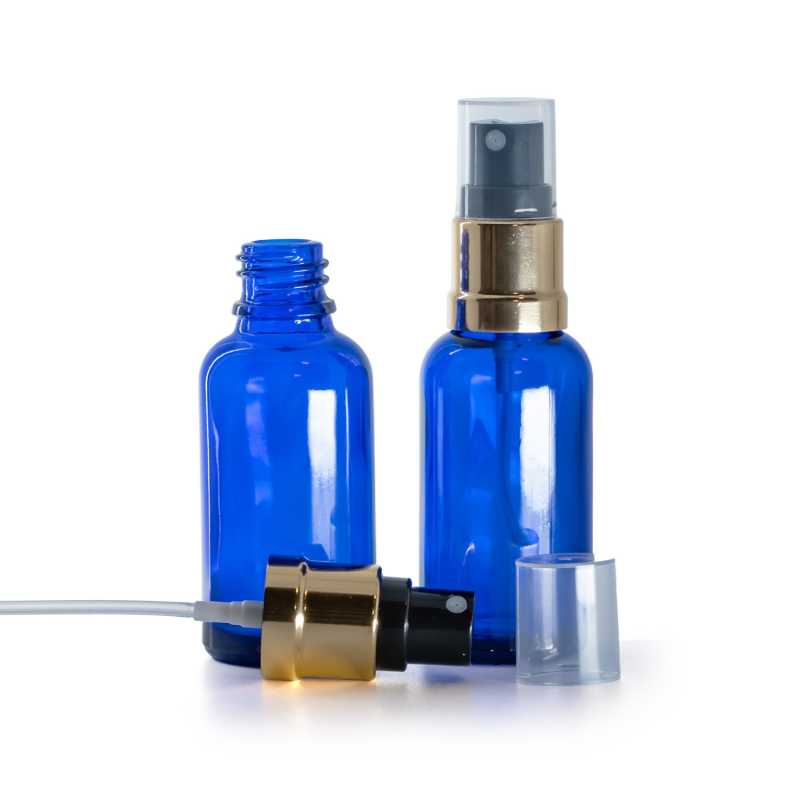 Bottiglia in vetro, blu, spruzzatore nero oro lucido, 30 ml