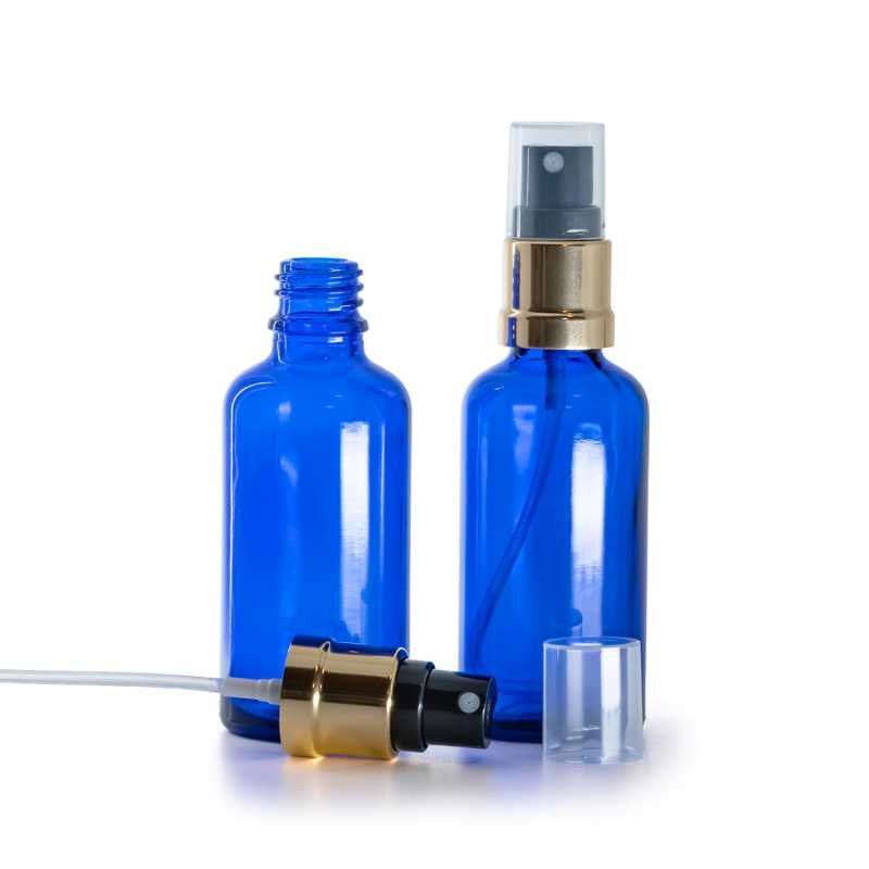 Bottiglia in vetro, blu, spruzzatore nero oro lucido, 50 ml