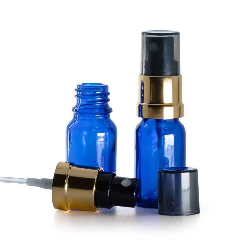 Flaconcino di vetro blu, spruzzatore nero e dorato, sopra-tappo fumé, 10 ml