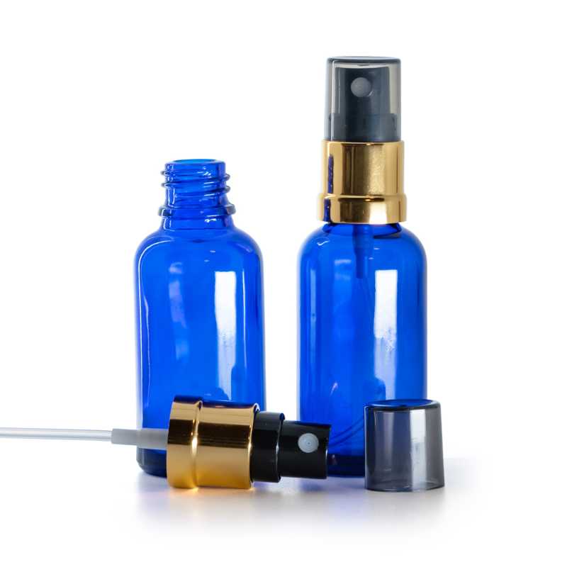 Flaconcino di vetro blu, spruzzatore nero e dorato, sopra‑tappo fumé, 30 ml