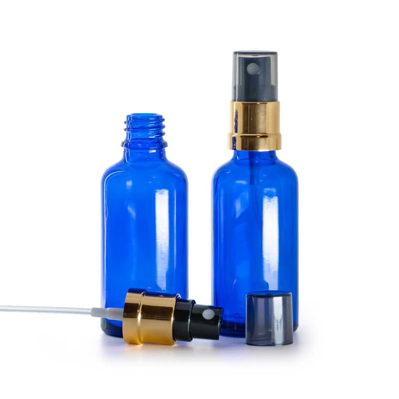 Flacone di vetro blu, spruzzatore nero e dorato, sopra-tappo fumé, 50 ml
