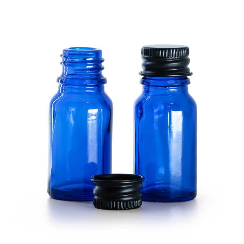 Bottiglia in vetro, blu, tappo in alluminio nero, 10 ml