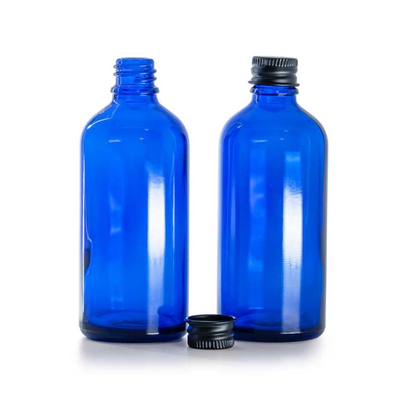 Bottiglia in vetro, blu, tappo in alluminio nero, 100 ml