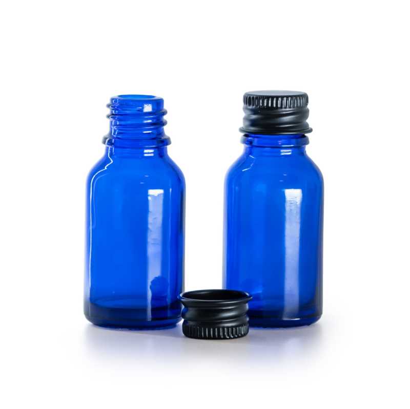 Flacone in vetro, blu, tappo in alluminio nero, 15 ml