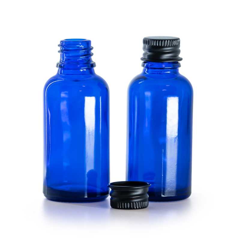 Bottiglia in vetro, blu, tappo in alluminio nero, 30 ml