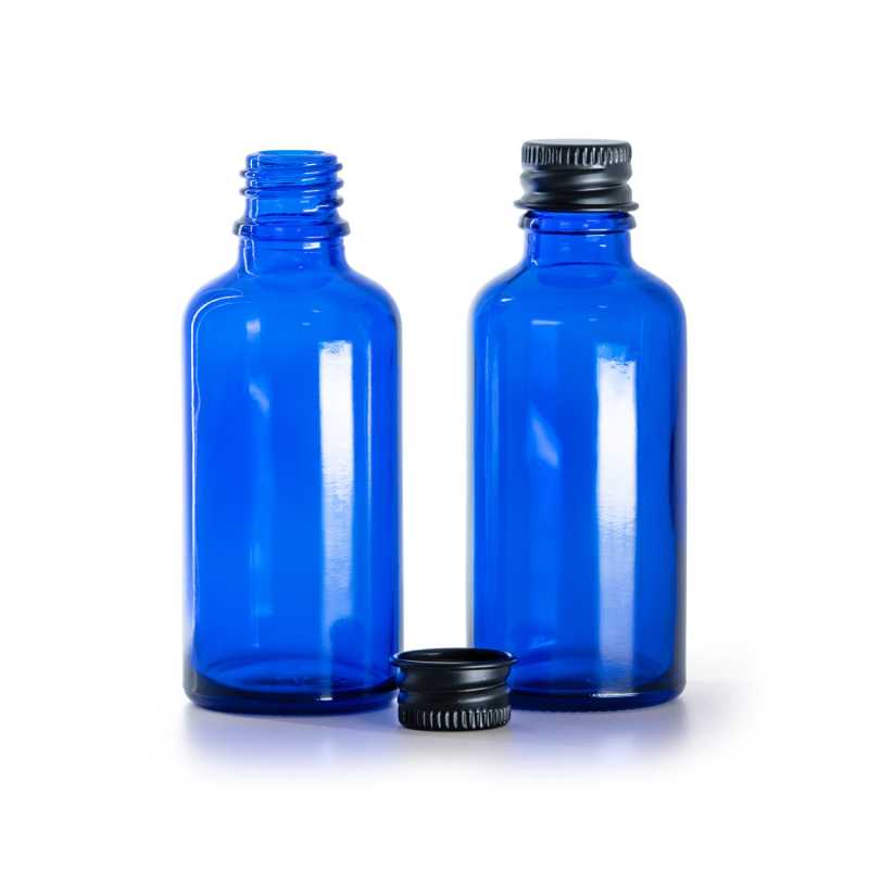 Flacone in vetro, blu, tappo in alluminio nero, 50 ml