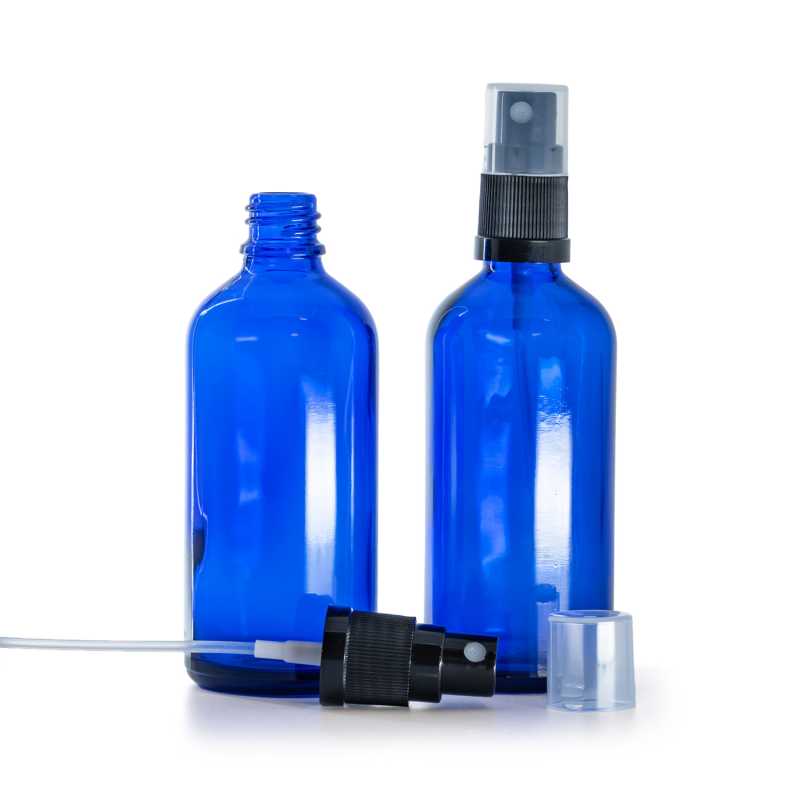 Bottiglia in vetro, blu, spruzzatore nero, 100 ml
