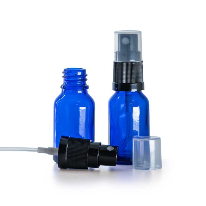 Flacone in vetro, blu, spruzzatore nero, 15 ml