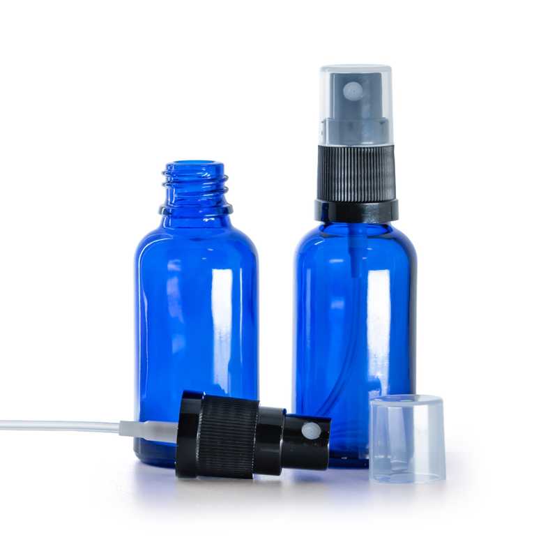Bottiglia in vetro, blu, spruzzatore nero, 30 ml