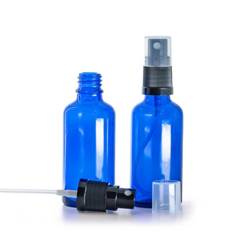 Flacone in vetro, blu, spruzzatore nero, 50 ml