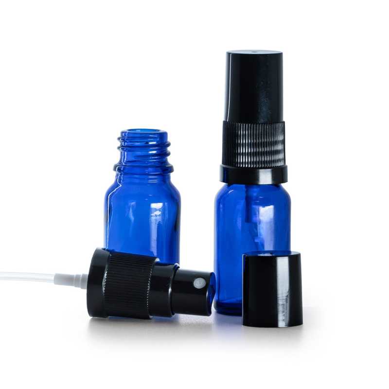 Bottiglia in vetro, blu, spruzzatore nero, tappo nero, 10 ml