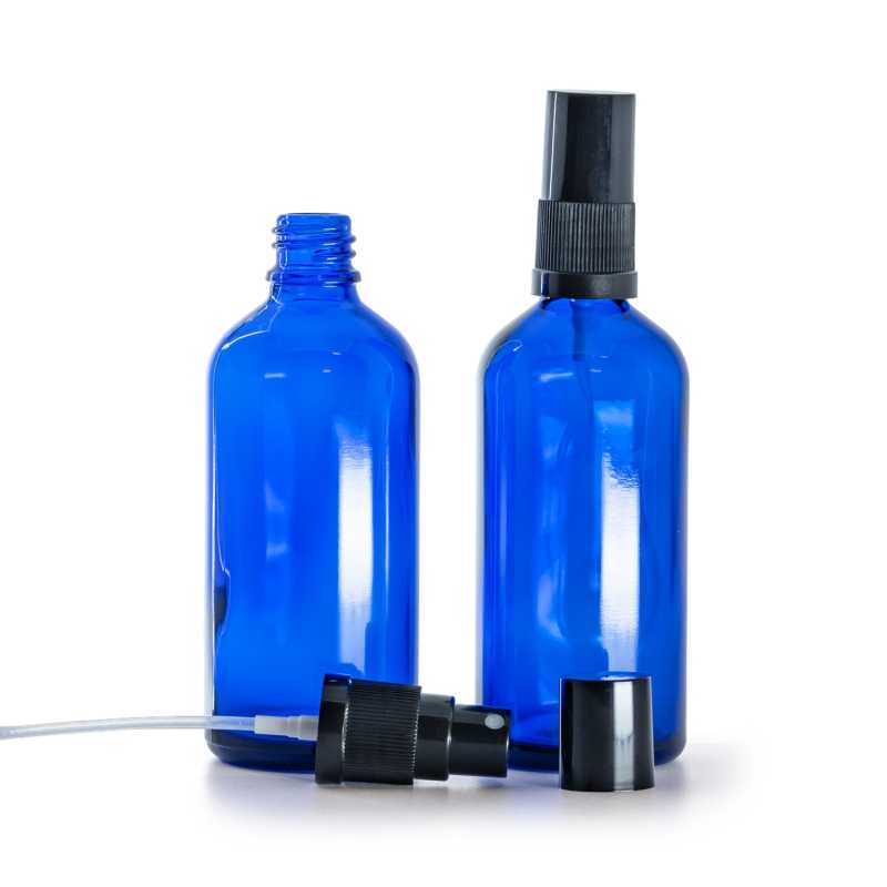 Bottiglia in vetro, blu, spruzzatore, cappuccio, 100 ml