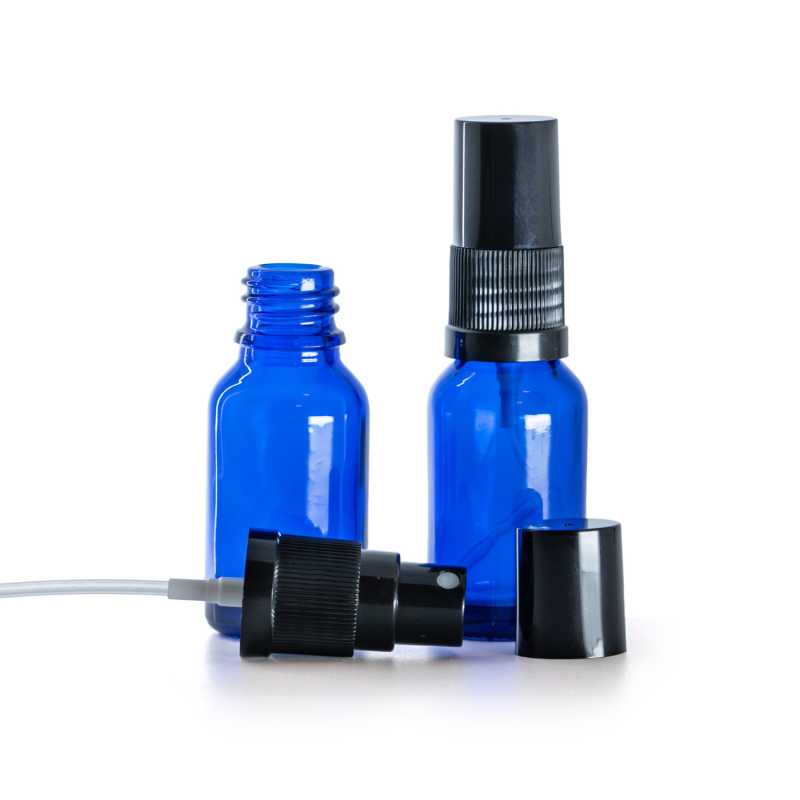 Flacone in vetro, blu, spruzzatore, nero, 15 ml