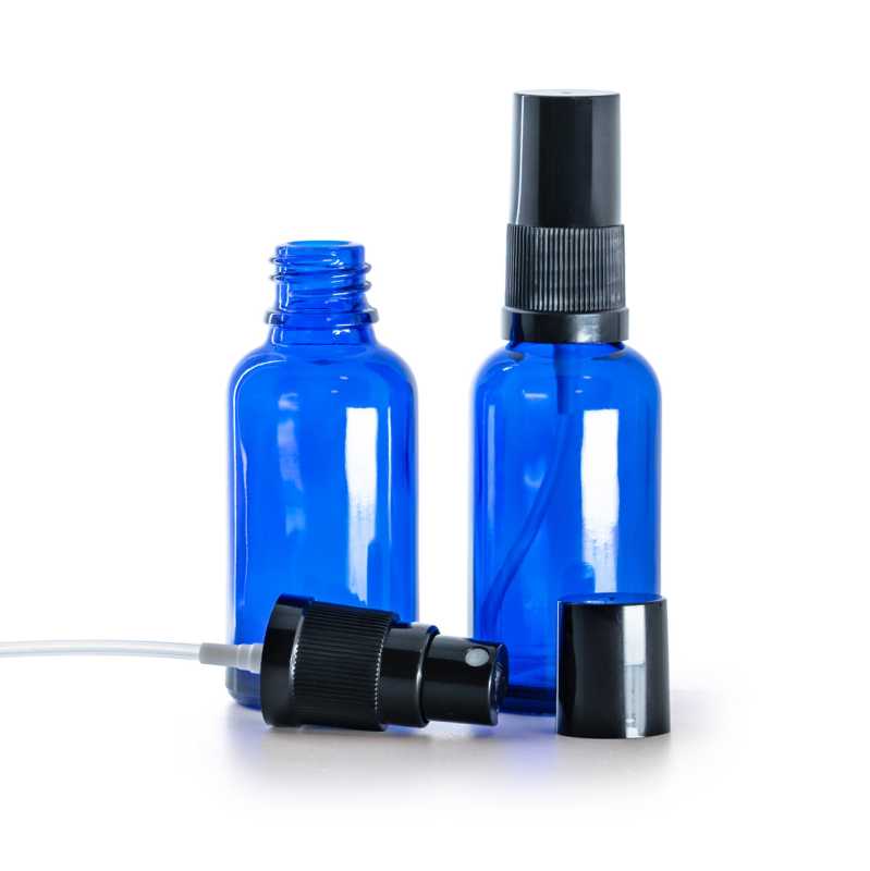 Bottiglia in vetro, blu, spruzzatore nero, tappo nero, 30 ml