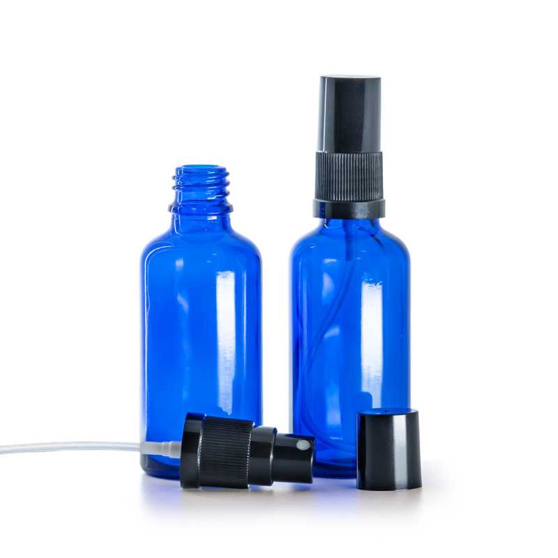 Bottiglia in vetro, blu, spruzzatore, nero, 50 ml