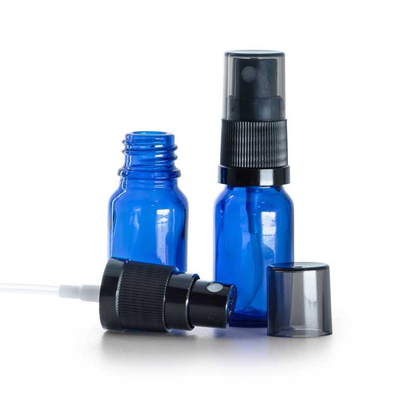 Flaconcino di vetro blu, spruzzatore nero a nebulizzazione fine con sopra-tappo fumé, 10 ml