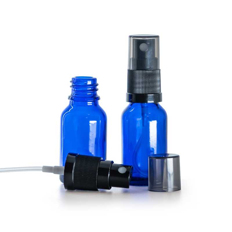 Flaconcino di vetro blu, spruzzatore nero, sopra-tappo fumé, 15 ml