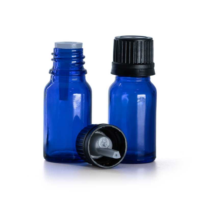 Flacone di vetro blu, tappo nero inviolabile con contagocce interno, 10 ml