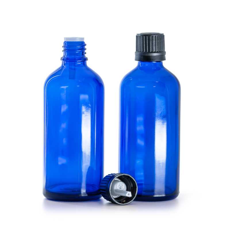 Flacone di vetro blu, tappo nero con contagocce interno, 100 ml