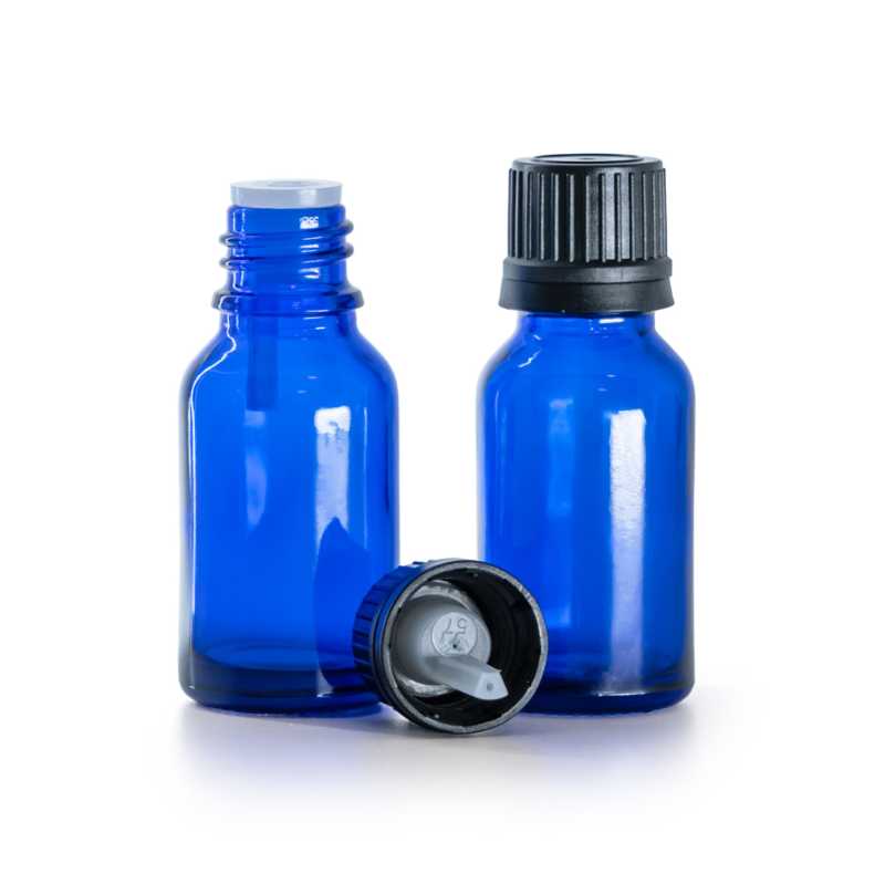 Flacone di vetro blu, tappo nero con contagocce interno, 15 ml
