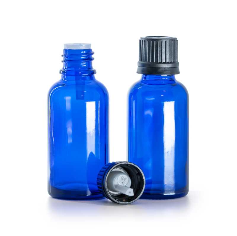 Flacone di vetro blu, tappo nero con contagocce, 30 ml